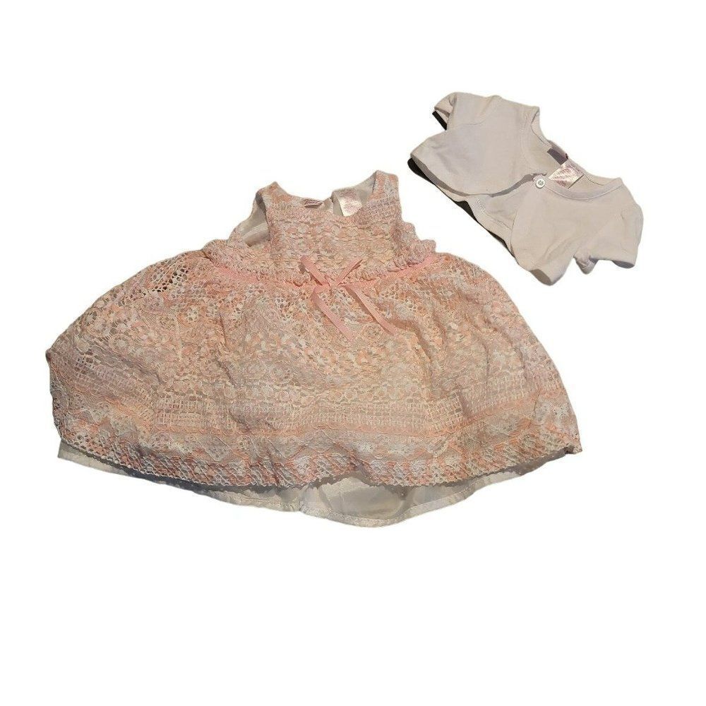 Baby Beri Girls Pink White Floral Lace Cotton 2 Piece Mini Dress Set Size 6/9 M